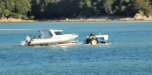 Loaded water taxi being pulled from the bay